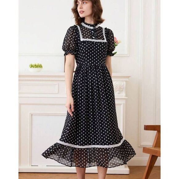 Simple Retro Polkadot Prink Mock Neck Dress S - Picture 1 of 13